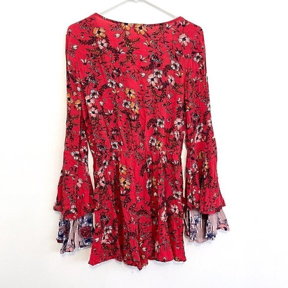 XHILARATION Coral Red Multi Floral Long Bell Flare Sleeve Wrap Surplice Romper S - Picture 11 of 12